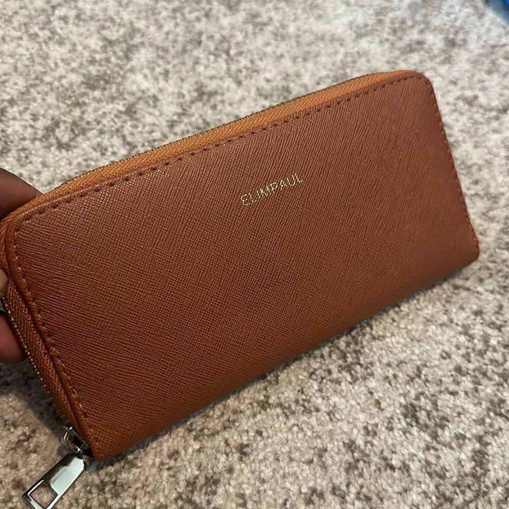 ELIM & PAUL Credit Card ID Card Holder Wallet. Brown Vegan Gold-tone Zipper